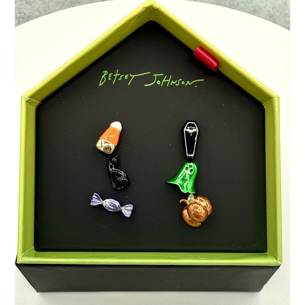 Betsey Johnson 6PC Halloween Mismatch Stud Earring Set Coffin, Ghost, Cat NIB